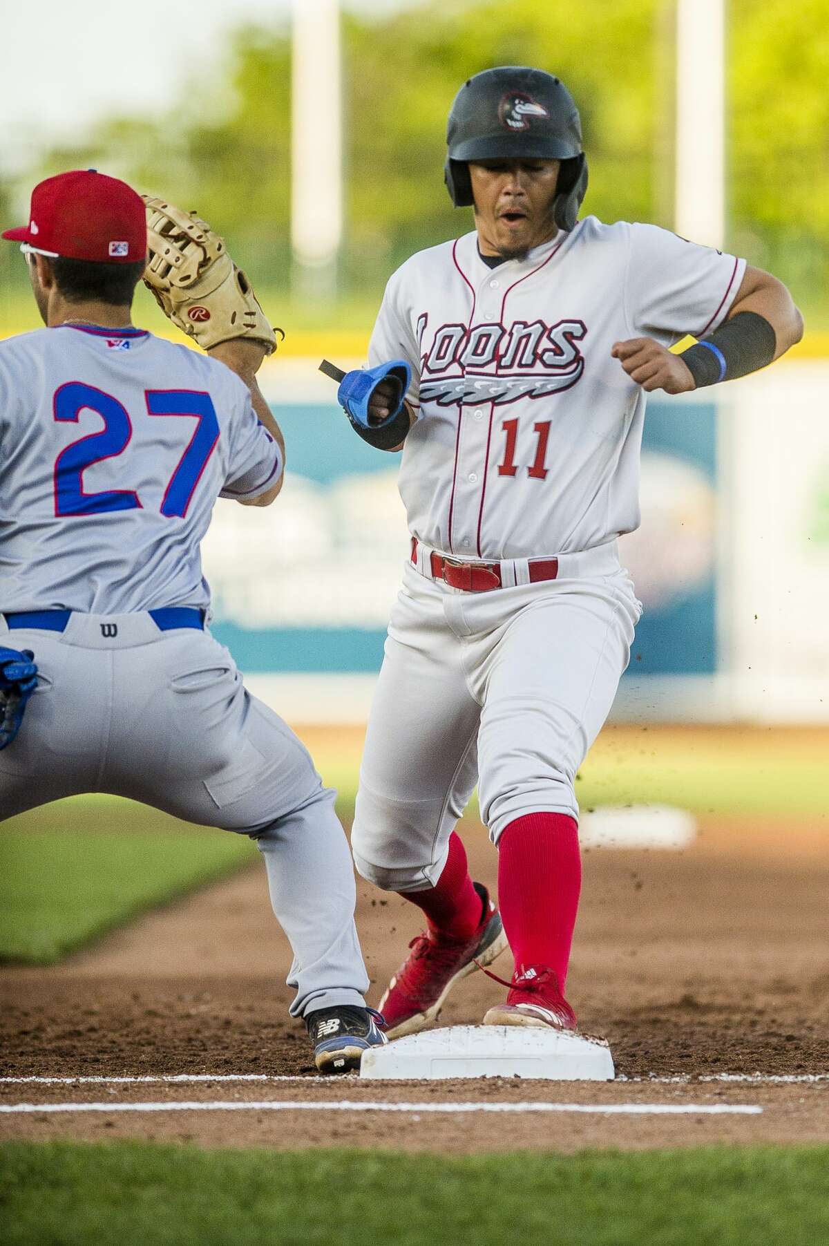 Great Lakes Loons third baseman Miguel Vargas runs back to first base during a game against the South Bend Cubs on Monday, June 10, 2019 at Dow Diamond. (Katy Kildee/kkildee@mdn.net)