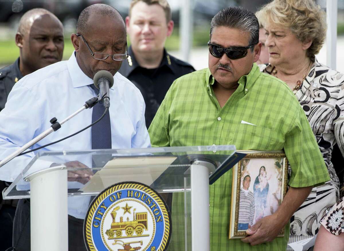 NEW CROSSWALK: Mayor Sylvester Turner unveils a new crosswalk along North Shepherd Drive near the spot where a man in a wheelchair and a woman who tried to assist him were struck and killed in March, by Natalie Weber.