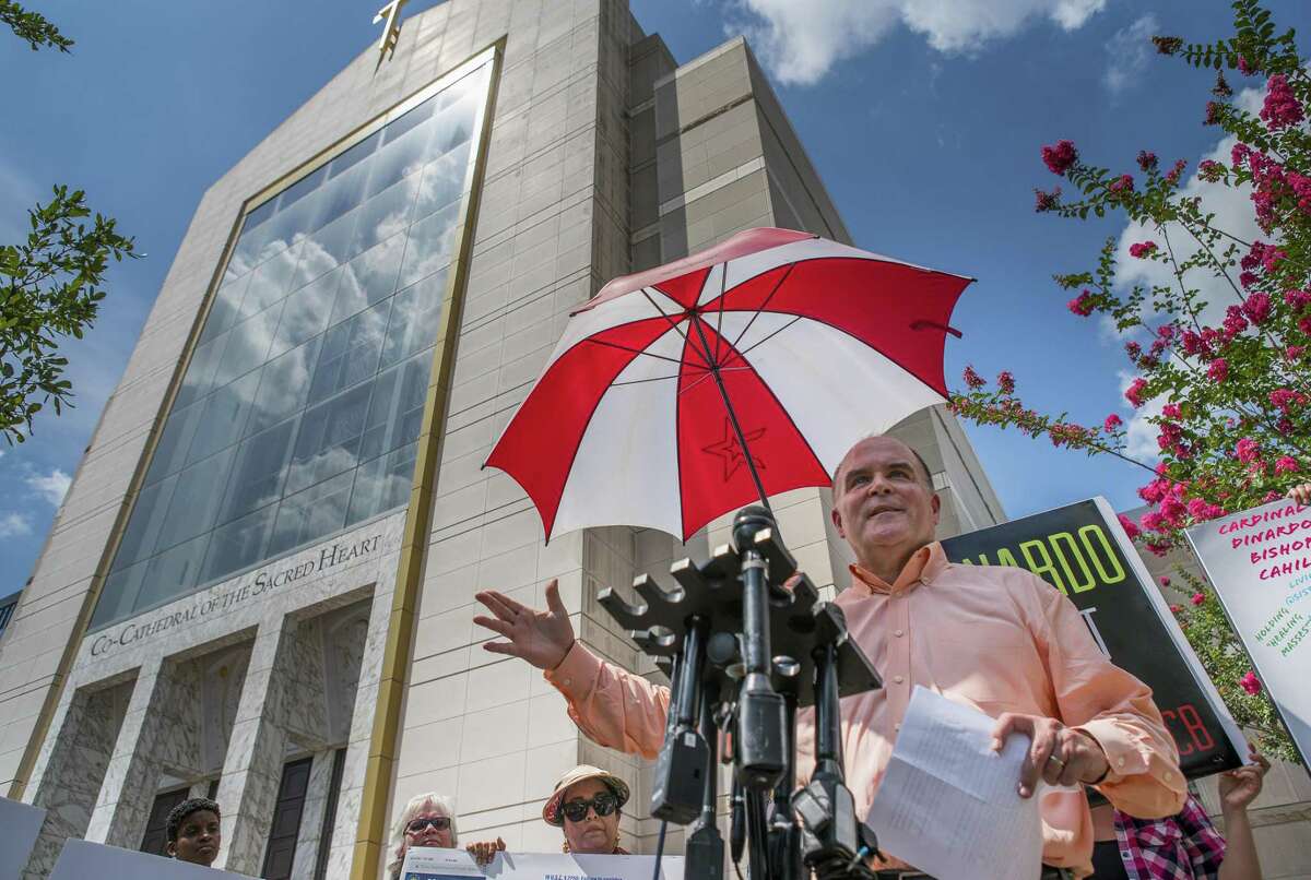 Michael Norris, who leads Houston's chapter of SNAP, the survivors network of those abused by priests, speaks during a press conference demanding that Cardinal DiNardo resign, in front of the Co-Cathedral of the Sacred Heart in downtown Houston on Monday, June 10, 2019.