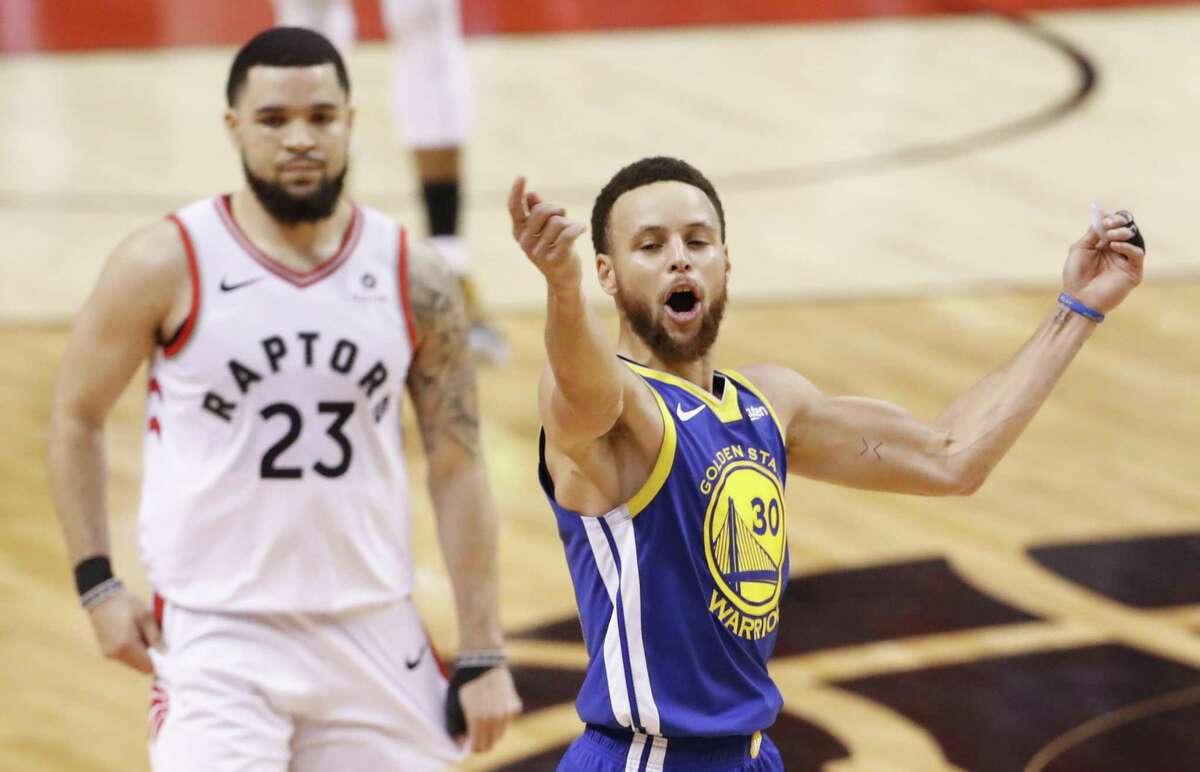 Golden State Warriors’ Stephen Curry reacts in the fourth quarter during game 5 of the NBA Finals between the Golden State Warriors and the Toronto Raptors at Scotiabank Arena on Monday, June 10, 2019 in Toronto, Ontario, Canada.