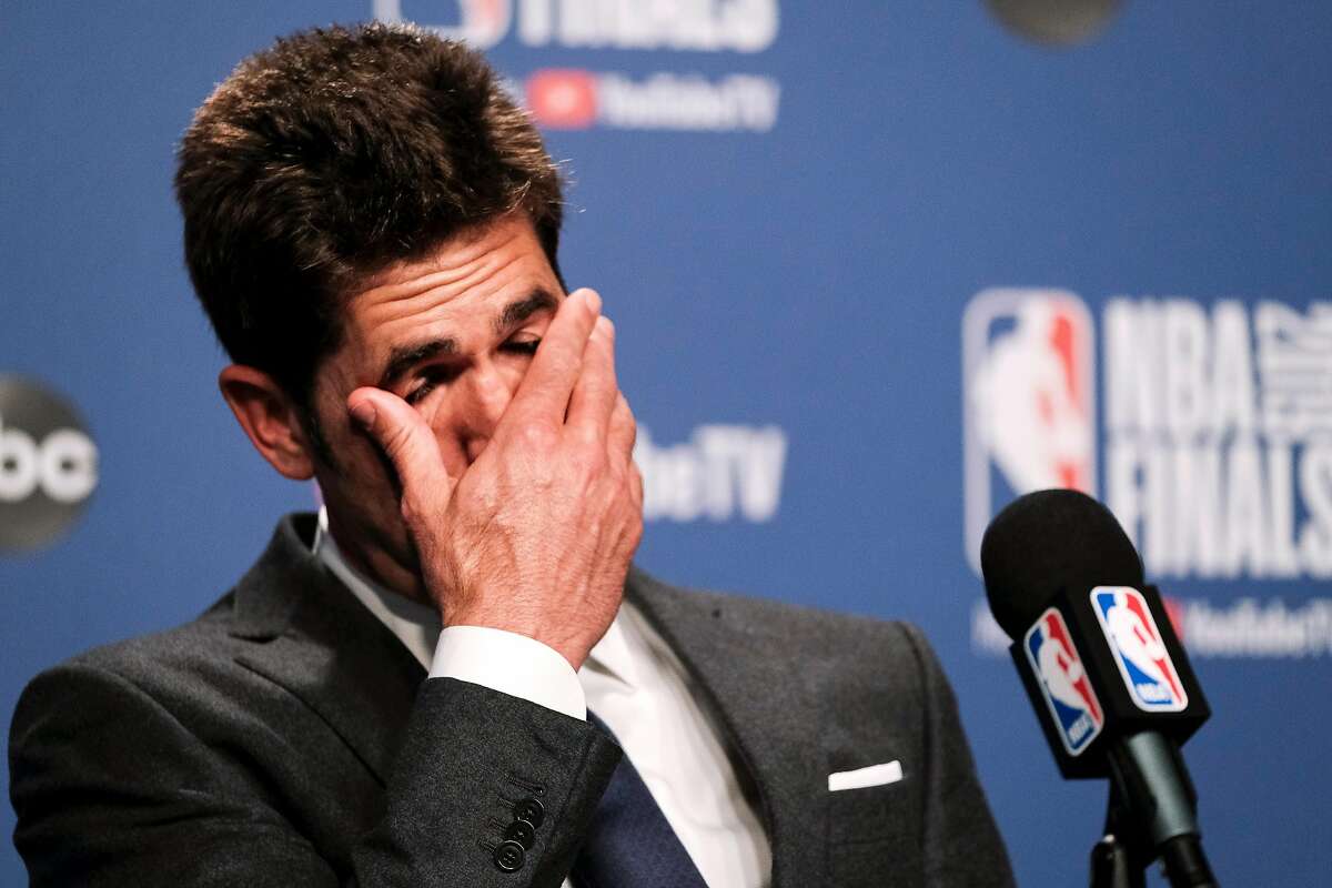 Bob Myers Golden State Warriors’ president of basketball operations speaks about Kevin Durant’s injury after game 5 of the NBA Finals between the Golden State Warriors and the Toronto Raptors at Scotiabank Arena on Tuesday, June 11, 2019 in Toronto, Ontario, Canada.
