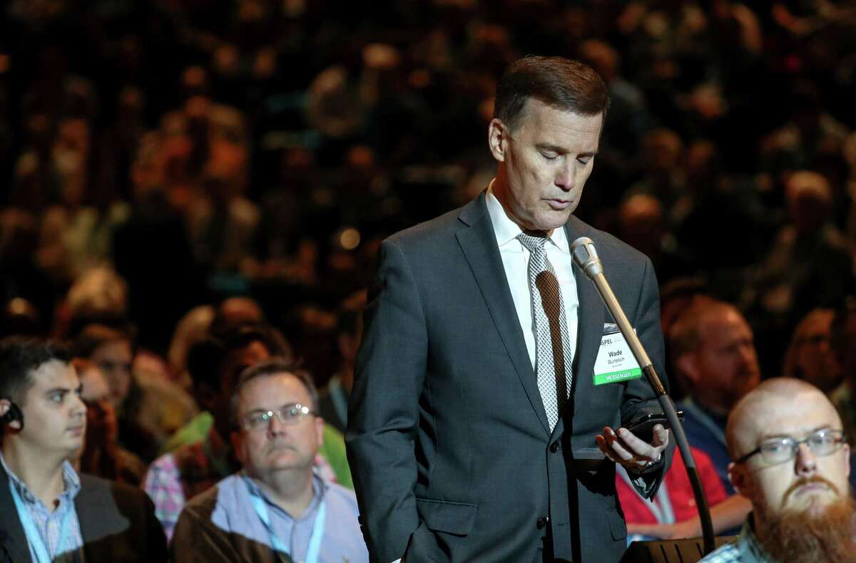 Oklahoma pastor Wade Burleson calls on his former employer, the International Mission Board, to make public an internal review of the board's handling of sexual abuses, on the first day of the Southern Baptist Convention's annual meeting on Tuesday, June 11, 2019, in Birmingham. Burleson was one of multiple Southern Baptists who proposed motions related to sexual abuse during the first day of the SBC's annual meeting.