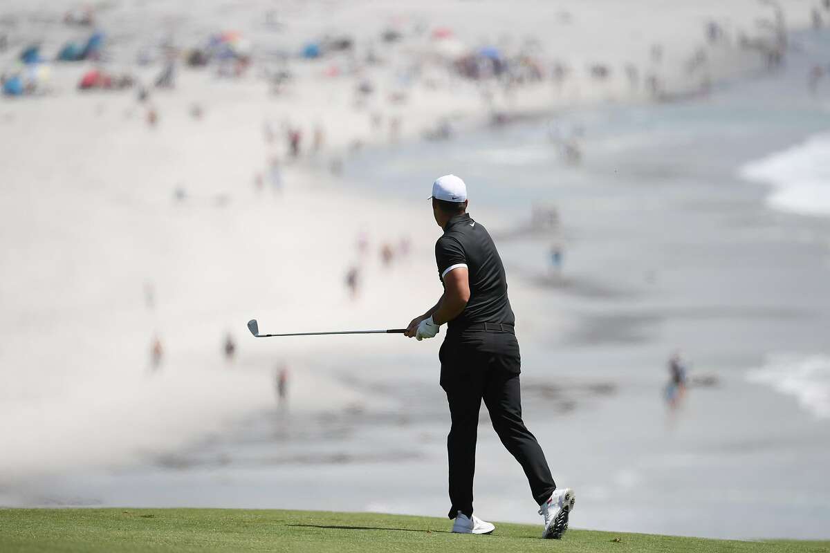 PEBBLE BEACH, CALIFORNIA - JUNE 10: Brooks Koepka of the United States plays a second shot on the ninth hole during a practice round prior to the 2019 U.S. Open at Pebble Beach Golf Links on June 10, 2019 in Pebble Beach, California. (Photo by Ross Kinnaird/Getty Images)