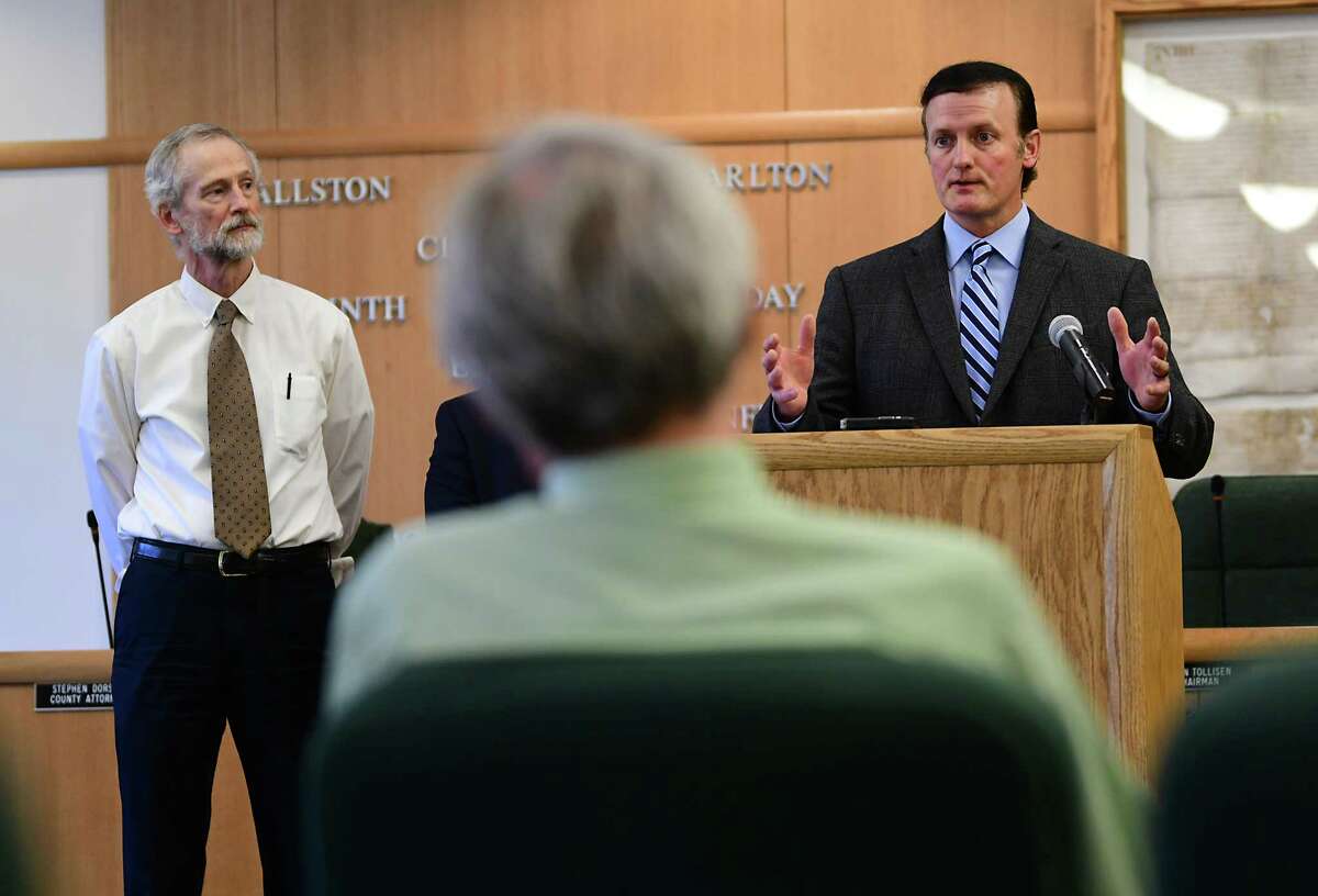 Clifton Park Town Supervisor Phil Barrett, right, speaks as Saratoga County during a press conference at the Saratoga County Office Building on Tuesday, June 11, 2019 in Ballston Spa N.Y. Malta Town Supervisor Darren O'Connor listens at left, (Lori Van Buren/Times Union)