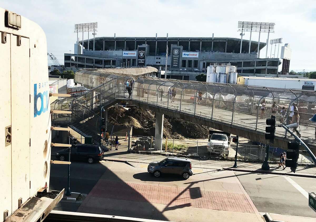 The pedestrian walkway to the Oakland Coliseum, as seen from the Coliseum BART platform, before a June 10, 2019, Warriors watch party at Oracle Arena.
