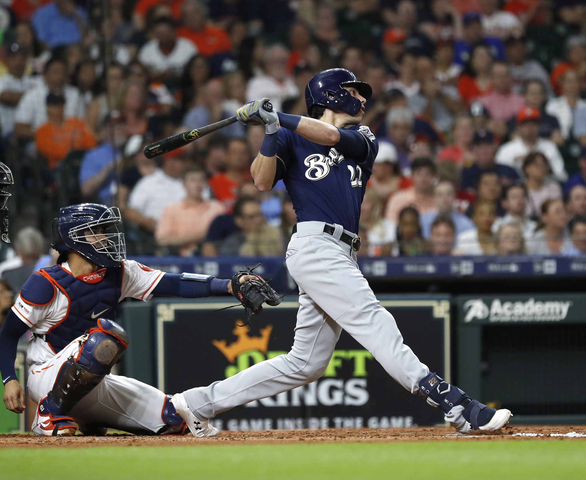 Milwaukee Brewers' Orlando Arcia celebrates his home run with third base  coach Ed Sedar during the fifth inning of Game 2 of the National League  Championship Series baseball game against the Los