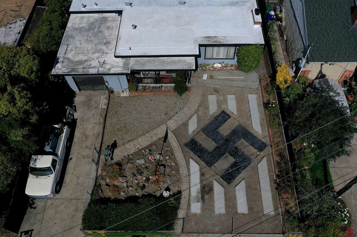 EL SOBRANTE, CALIFORNIA - JUNE 05: A design resembling a swastika is displayed in front of a home on June 05, 2019 in El Sobrante, California. People living in a San Francisco Bay Area suburb are upset that homeowner Steve Johnson has built a large design in his front yard that resembles a swastika. (Photo by Justin Sullivan/Getty Images)