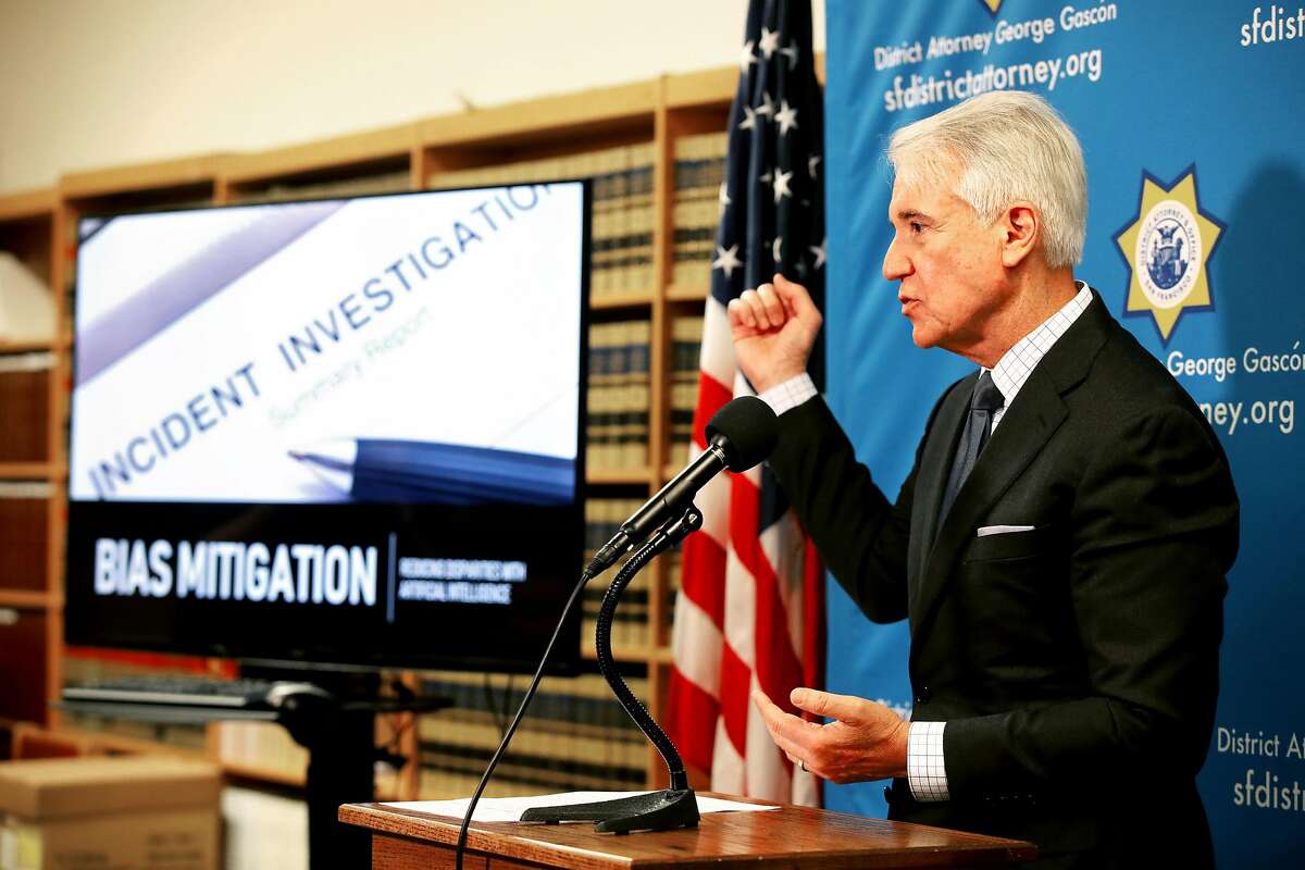 San Francisco District Attorney George Gascon answers a question from the media during a press conference at the San Francisco District Attorneys Office, in San Francisco, Calif., on Wednesday, June 12, 2019. Gascon announced a new "blind charging" process in which his office will begin using a new tool to remove race and other information when deciding whether to charge criminal suspects. The artificial intelligence tool was developed by the Stanford Computational Policy Lab at the request of the DA's office. The system will automate the process of first review to quickly assess the case, so prosecutors can determine if they're going to have enough evidence to move forward. It removes all references to race and gender along with things that can be proxies for race, like addresses and names. The goal is to eliminate any possible racial bias in the system while creating a model for other district attorneys across the country.