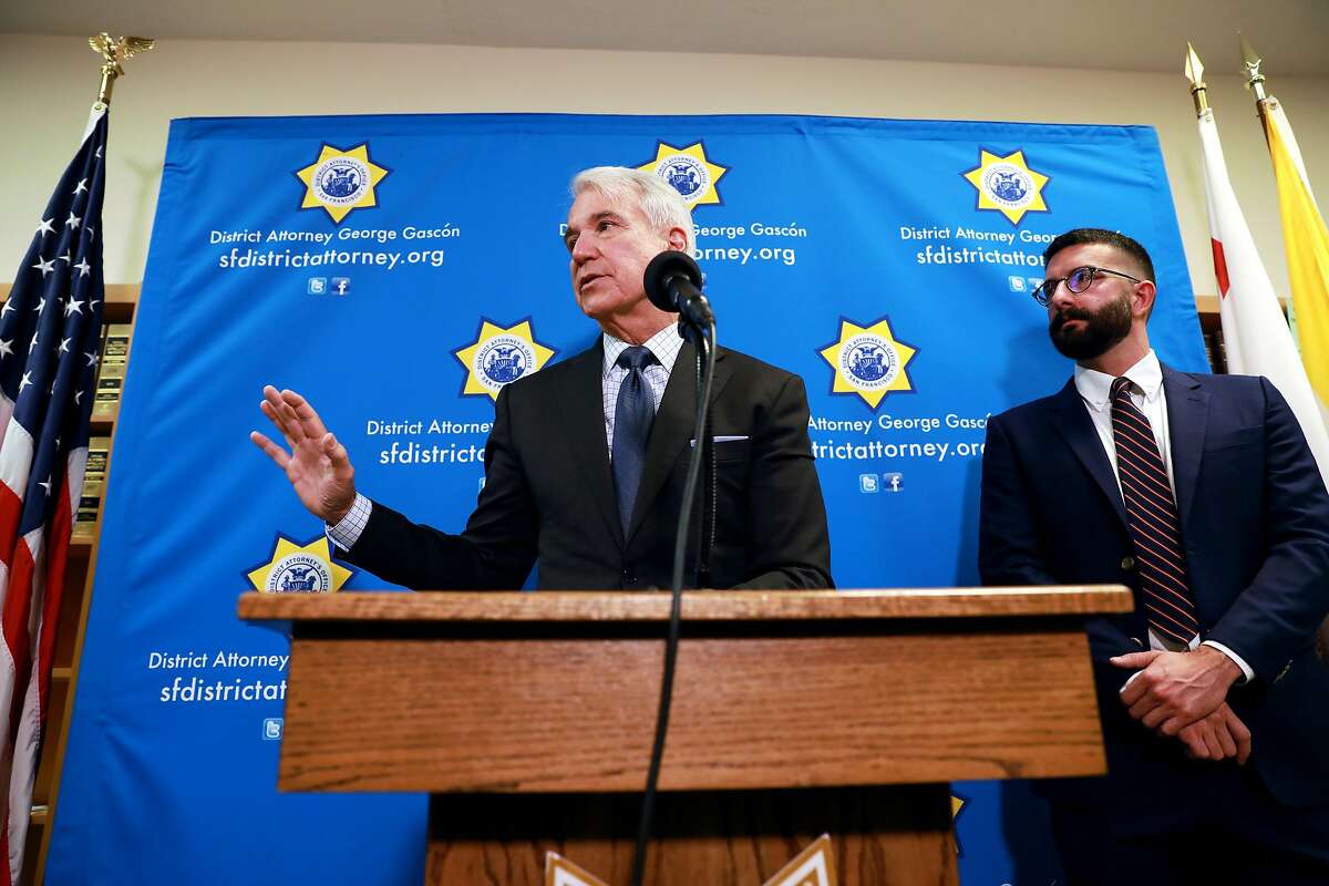 San Francisco District Attorney George Gascon (left) and Alex Chohlas-Wood, deputy director, Stanford Computational Policy Lab, address the media during a press conference at the San Francisco District Attorneys Office, in San Francisco, Calif., on Wednesday, June 12, 2019. Gascon announced a new "blind charging" process in which his office will begin using a new tool to remove race and other information when deciding whether to charge criminal suspects. The artificial intelligence tool was developed by the Stanford Computational Policy Lab at the request of the DA's office. The system will automate the process of first review to quickly assess the case, so prosecutors can determine if they're going to have enough evidence to move forward. It removes all references to race and gender along with things that can be proxies for race, like addresses and names. The goal is to eliminate any possible racial bias in the system while creating a model for other district attorneys across the country.