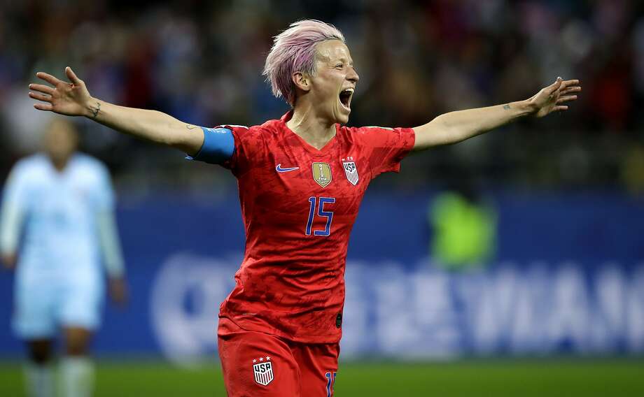 United States Megan Rapinoe celebrates after scoring her side's 9th goal during the Women's World Cup Group F soccer match between United States and Thailand at the Stade Auguste-Delaune in Reims, France, Tuesday, June 11, 2019. She told a reporter for Eight by Eight magazine that she's "not f– going to the White House" if the U.S. women's national team wins the 2019 FIFA Women's World Cup. Photo: Alessandra Tarantino, Associated Press