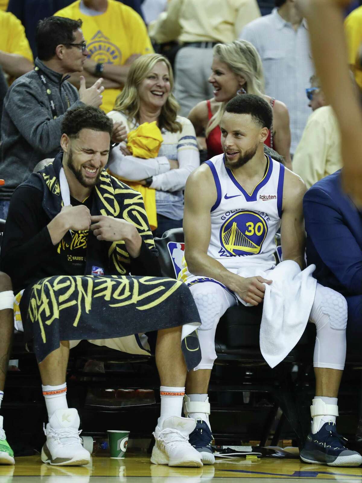 Golden State Warriors Klay Thompson and Stephen Curry are seen in the fourth quarter during game 1 of the Western Conference Finals between the Golden State Warriors and the Portland Trail Blazers at Oracle Arena on Tuesday, May 14, 2019 in Oakland, Calif. Thompson had an interesting take on whether or not Kevin Durant is considered a Splash Brother when he was asked about ahead of Game 6 of the NBA Finals. Curry just used the occasion to joke around. Click or swipe through to see some of the other greatest memories and moments the Warriors have made during their time in Oakland. >>>