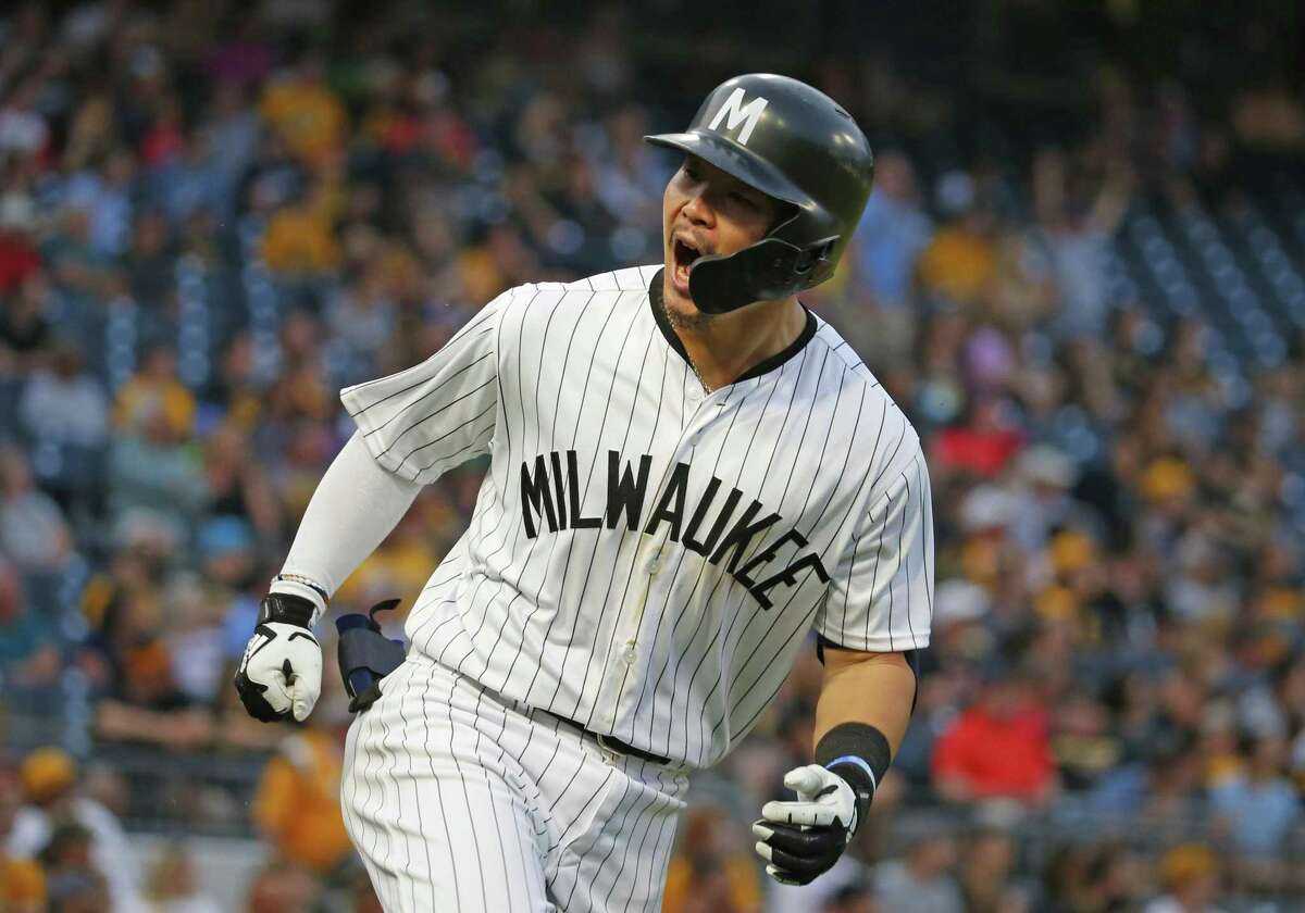 Milwaukee Brewers first baseman Keston Hiura runs the bases after