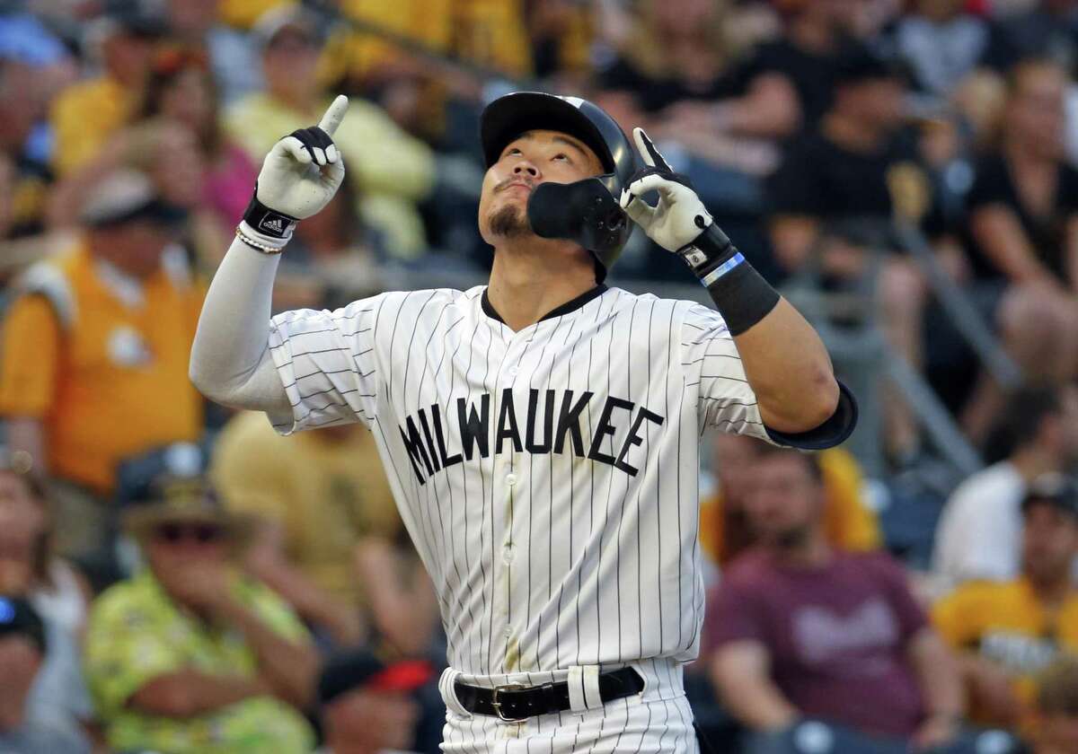 PITTSBURGH, PA - JUNE 01: Keston Hiura #18 of the Milwaukee Brewers reacts after hitting the game tying home run in the ninth inning against the Pittsburgh Pirates at PNC Park on June 1, 2019 in Pittsburgh, Pennsylvania. (Photo by Justin K. Aller/Getty Images)