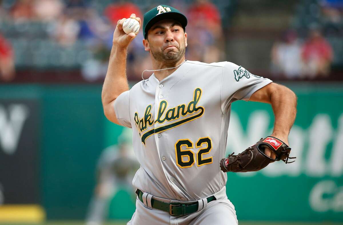 ARLINGTON, TX - JUNE 9: Lou Trivino #62 of the Oakland Athletics throws against the Texas Rangers during the seventh inning at Globe Life Park in Arlington on June 9, 2019 in Arlington, Texas. The Athletics won 9-8. (Photo by Ron Jenkins/Getty Images)