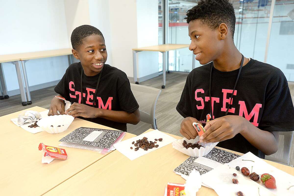 Nathaniel Humphrey (left) and Christian Shelton joke with one another as they tae part in an activity led by Texas A & M University entomologist Dr. Mo Way at this year's Bernard Harris Summer Science Camp in the new Science and Technology Building at Lamar University. The group of 20 students from Port Arthur and Beaumont middle schools are learning to apply STEM skills to environmental and conservation purposes. Photo taken Thursday, June 13, 2019 Kim Brent/The Enterprise