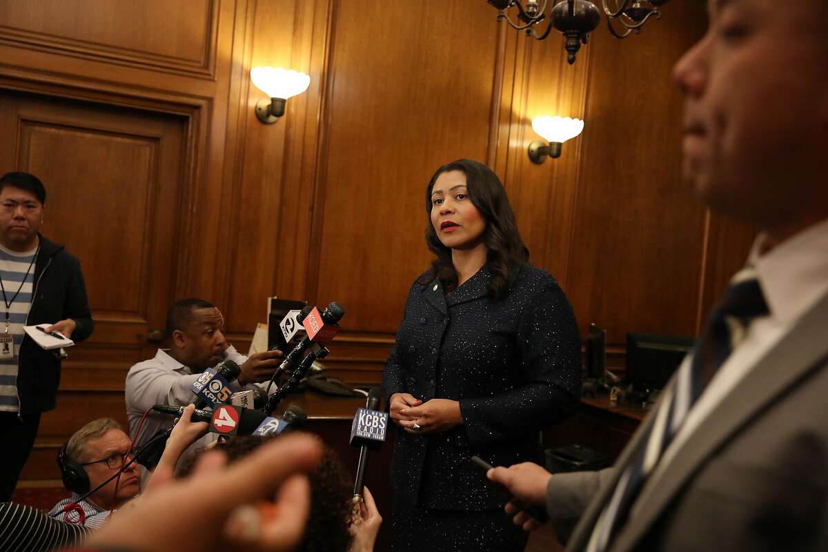Mayor London Breed speaks about the SFMTA during a press conference in the Mayor's Office at City Hall on Monday, April 29, 2019 in San Francisco, Calif.