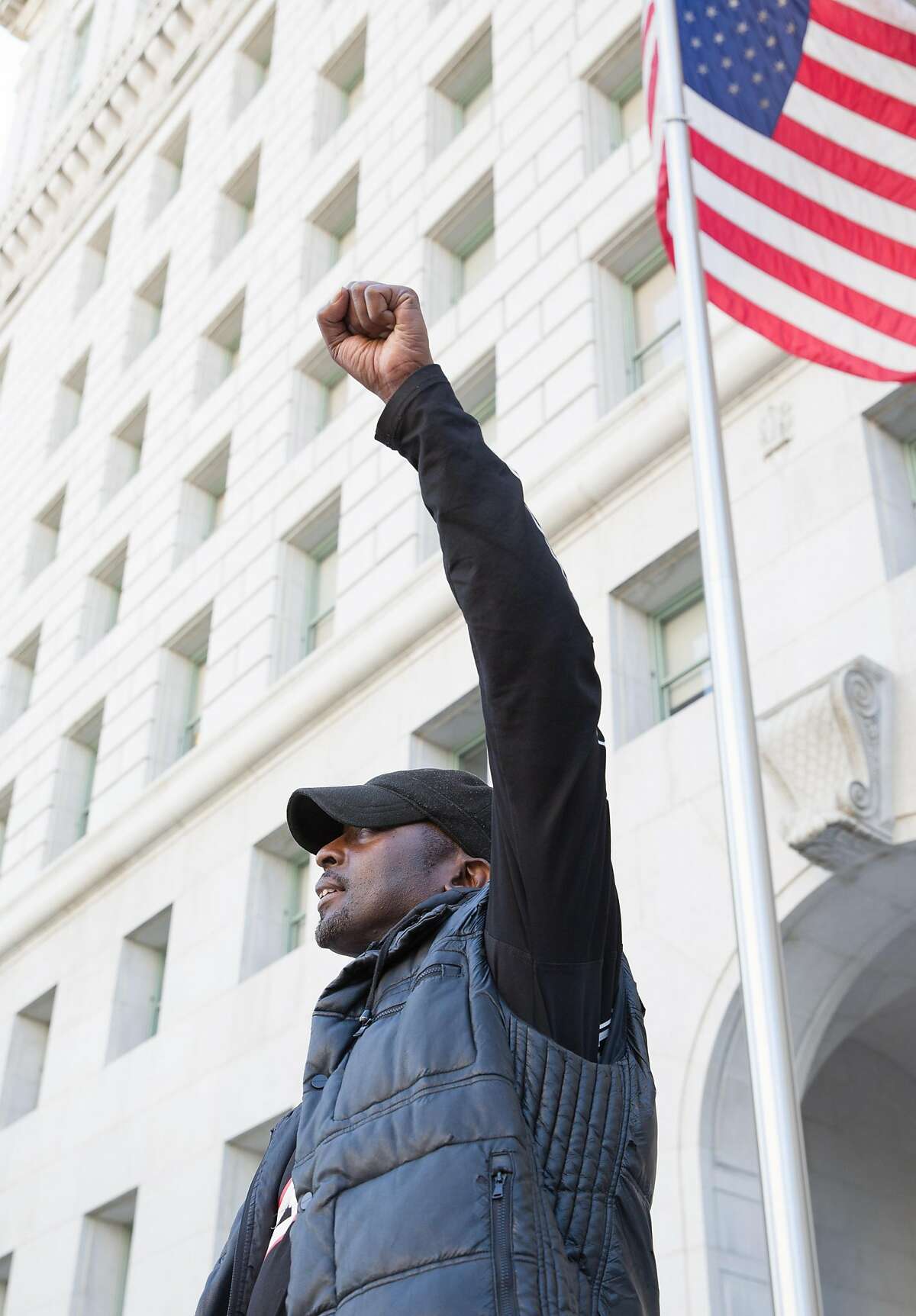 LOS ANGELES, CA - JUNE 12, 2019: Quintus Moore participates in a weekly protest outside the L.A. Hall of Justice, organized by LA Black Lives Matter, and is an activist for laws that would make it more difficult for law enforcement officers to resort to deadly force.