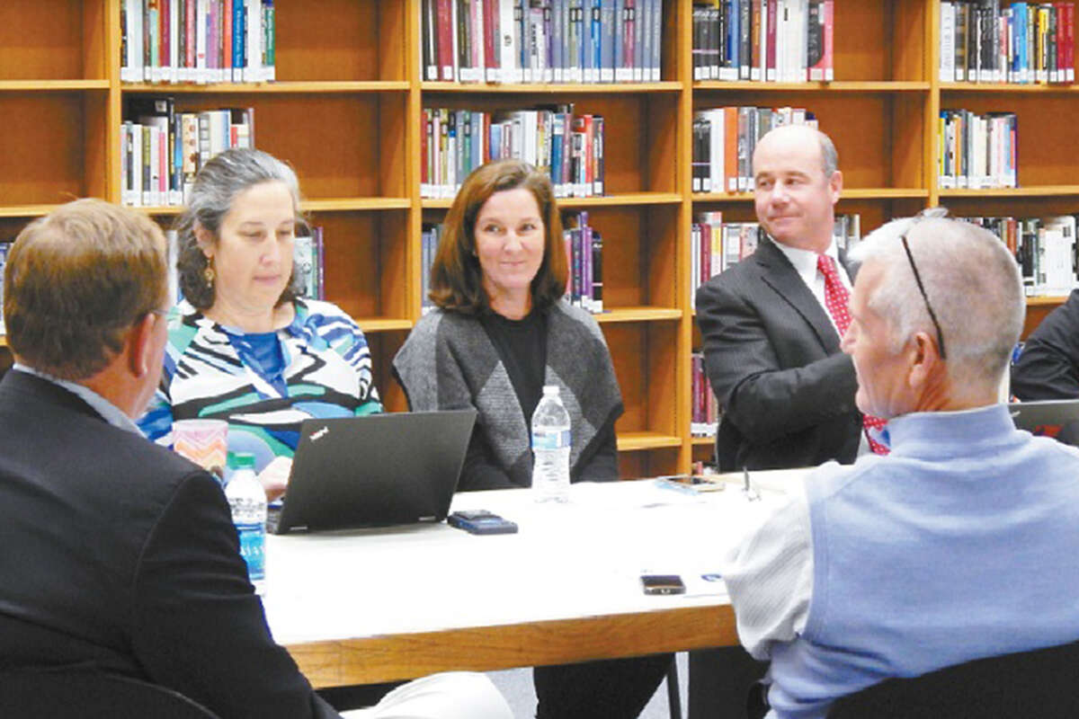 Middlebrook Principal Lauren Feltz, recently elected and soon-to-be Board of Education member Gretchen Jeanes and Wilton High School Principal Bob O’Donnell at a community conversation last year. — Kendra Baker photo