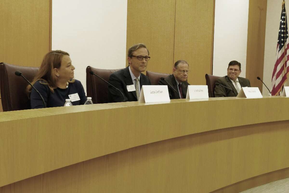 Candidates for state rep in districts covering New Canaan at the debate Monday night. From left, Democrat Lucy Dathan, Republican Fred Wilms, Democrat Ross Tartell, and Republican Tom O'Dea. — Grace Duffield photo