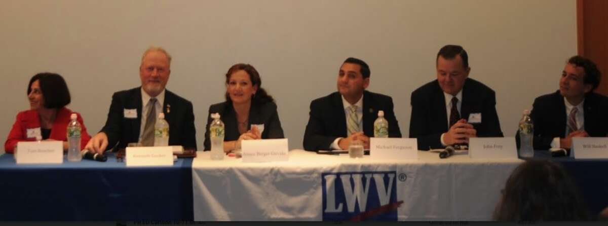 Last Tuesday's Ridgefield League of Women Voters debate featured six candidates running for office in the 2018 election. State Sen. Toni Boucher, far left, is facing challenger Will Haskell, far right, to represent Connecticut's 26th state senate district, which covers Ridgefield and Wilton.