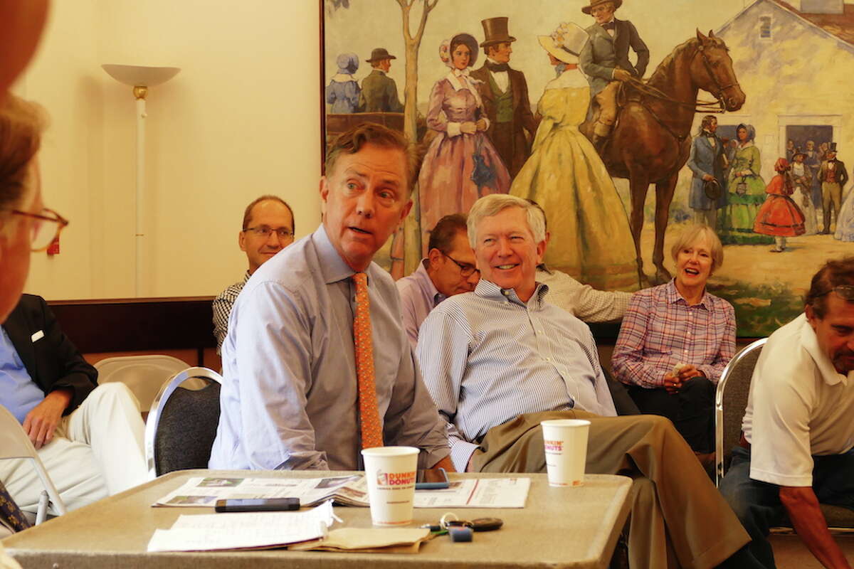 Ned Lamont talks with residents in New Canaan.