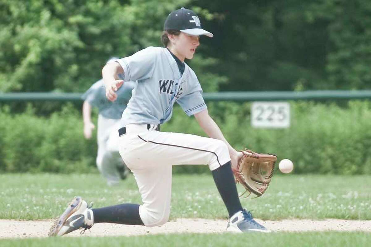 Cole Silvia fields a grounder at shortstop during the Wilton 12U baseball all-star team’s win at Ridgefield on Sunday, in the final game of pool play in the Connecticut Little League District 1 tournament. — Scott Mullin photo