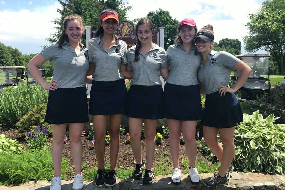 The Wilton High girls golf team finished 18th at the state championships at Tashua Knolls Country Club in Trumbull. From the left: Madeline Pennino, Maya Fazio, Sophia Kammerman, GiGi Hill and Karli Williams.
