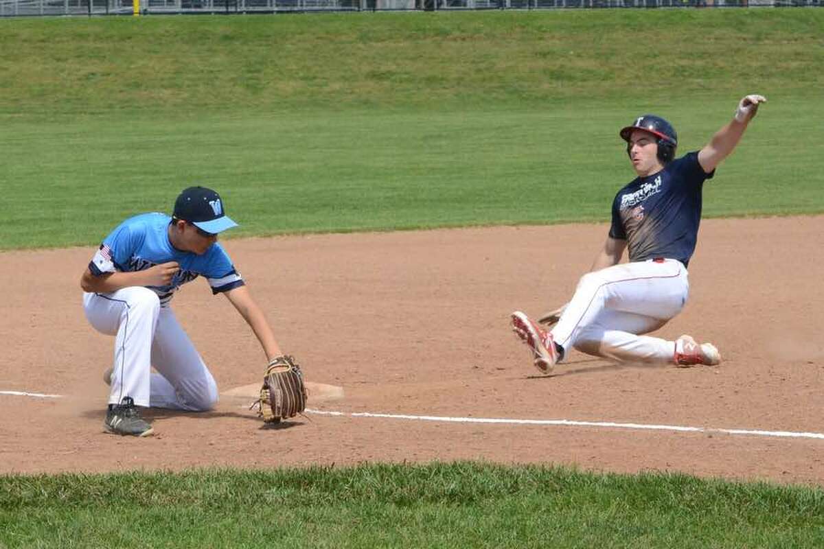 Third baseman Cam Case prepares to put the tag on a Greenwich runner during the Wilton American Legion Post 86 Junior team's game last Saturday at home. — J.B. Cozens photo