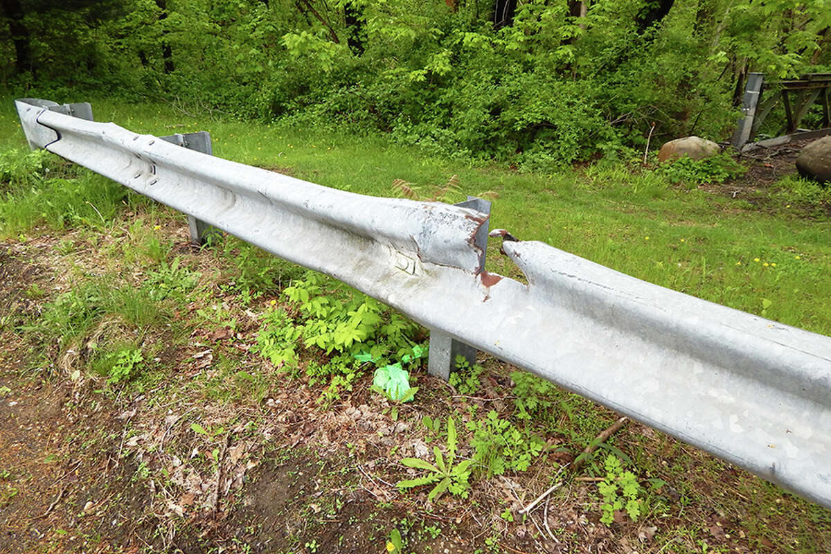 The damaged metal guardrail in Wilton’s Park and Ride lot. — Kendra Baker photo