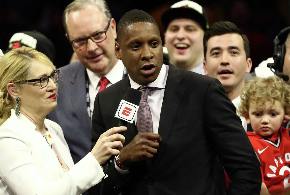General Manager of the Toronto Raptors Masai Ujiri is interviewed after his teams victory over the Golden State Warriors to win Game Six of the 2019 NBA Finals at ORACLE Arena on June 13, 2019 in Oakland, California.