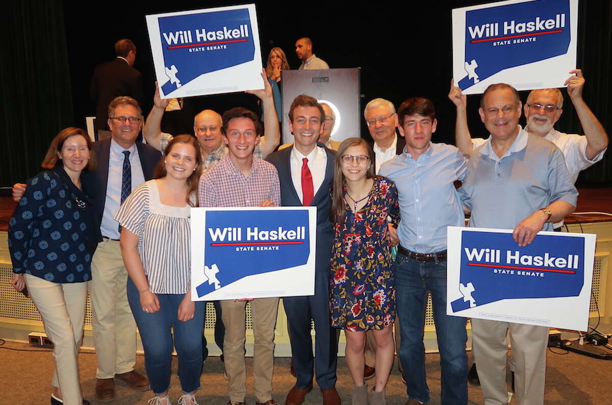The Wilton Democratic delegation to the nominating convention for the 26th state senate join their candidate Will Haskell. From left are Melissa Spohn, Tom Dubin, Gracyn Sollmann, Brad Williams, Cameron Berg, Haskell, Jeff Miller, Emily Kesselman, John Kalamarides, Nick Koleszar, Ross Tartell, who is running to represent the 125th district, and Peter Squitieri.