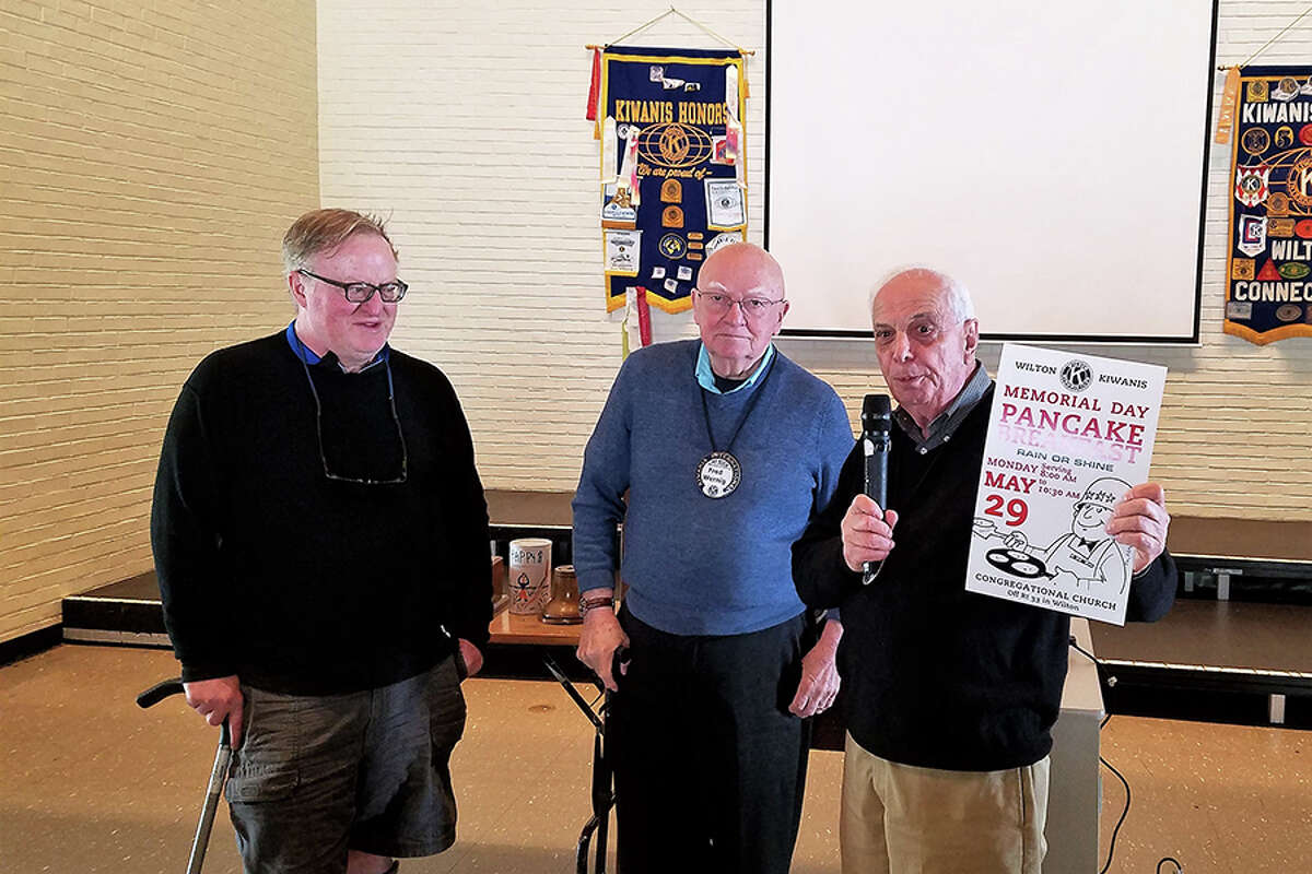 From left, Dan Mahoney, Fred Wernig and Bob Tortorella are among the Kiwanians ready to serve up the pancakes, sausages and coffee on Memorial Day. — Contributed photo