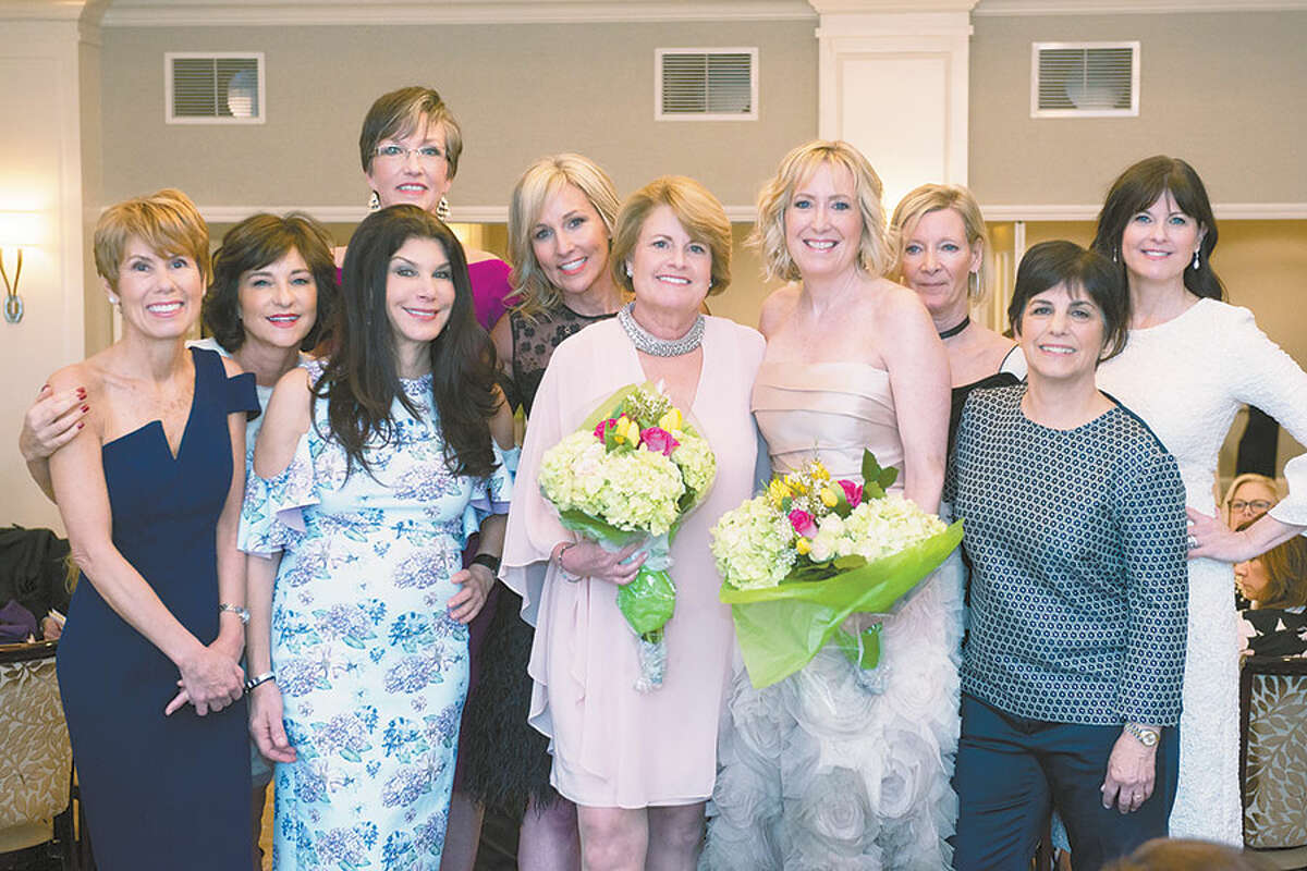 At the Wilton Woman’s Club’s fashion show fund-raiser this year are, from left, Sue Steitz, Jodi Meyer, Margaret Mazer Ogdon, Victoria Madden, Suzy Curtice, Jen Toll, Lorraine Winsor, Joanna Copley, BJ Bralower, and E. Chambers. — Peggy Garbus Photography