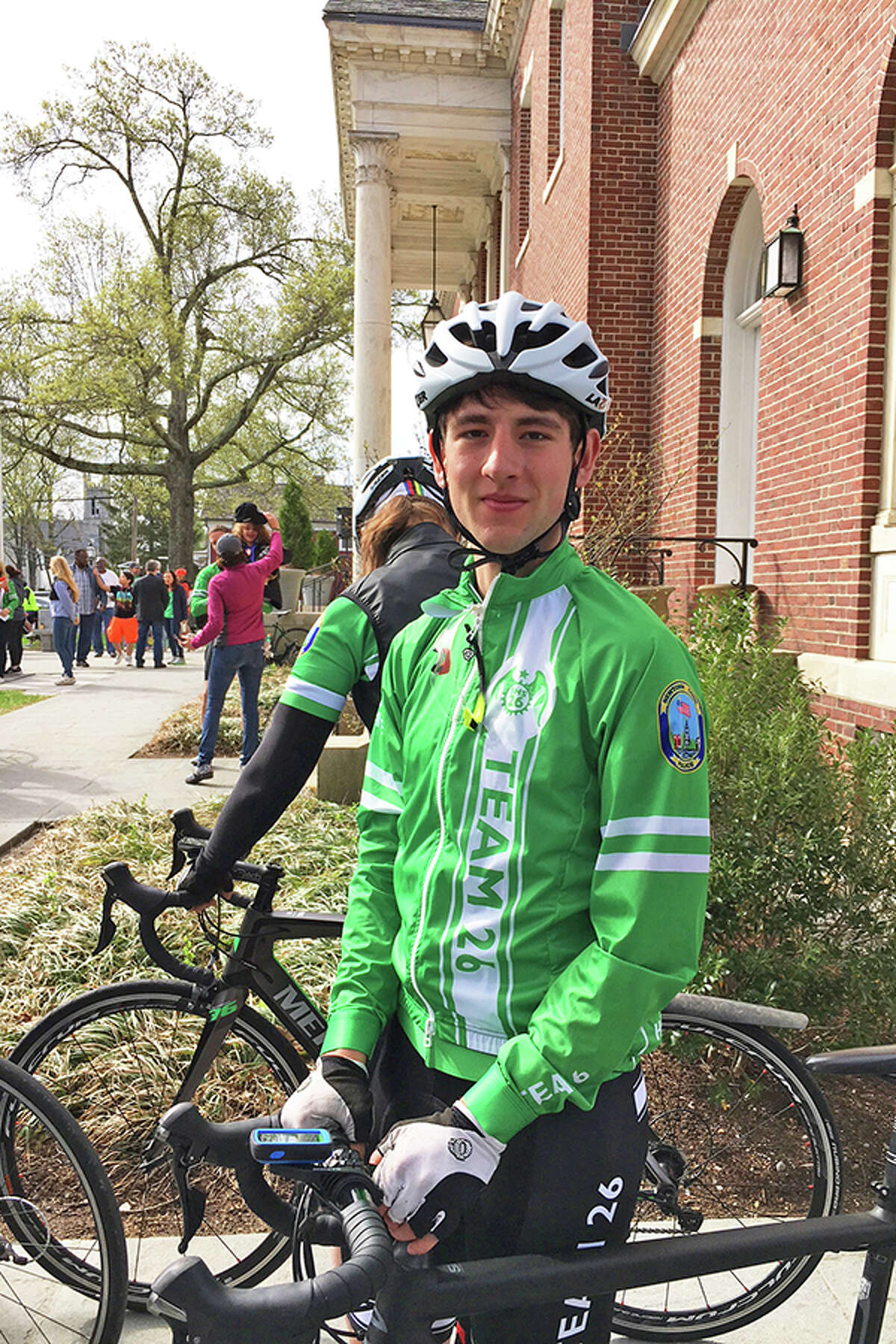 Nick Koleszar in front of Edmond Town Hall in Newtown, Conn., at the start of the Sandy Hook Ride on Washington on May 5. — Contributed photo