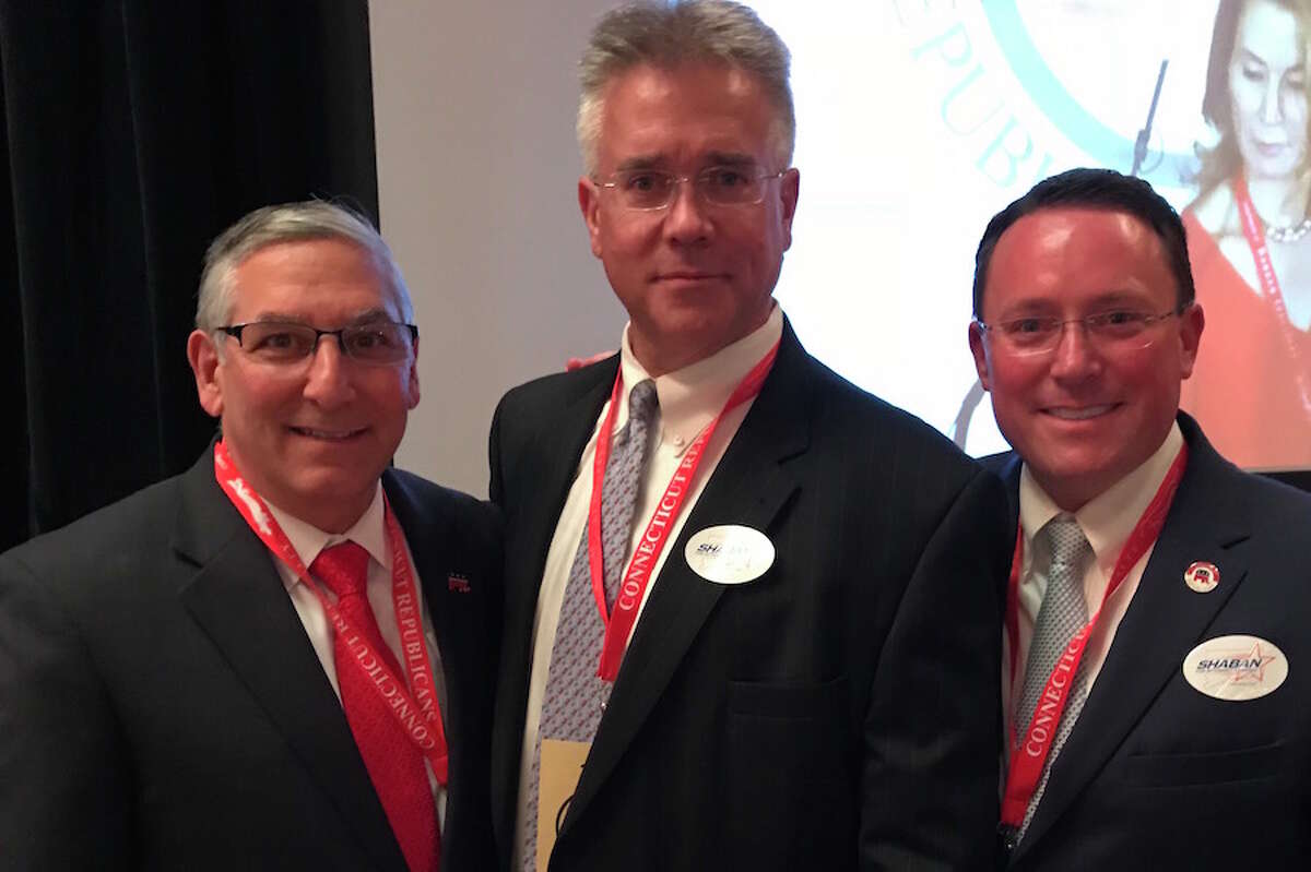 From left, Senate Republican President Pro Tempore Len Fasano, former Republican state Rep. John Shaban, and Fairfield RTC Chairman Jamie Millington, at Friday’s state Republican Convention at Foxwoods Casino in Mashantucket. — Contributed photo