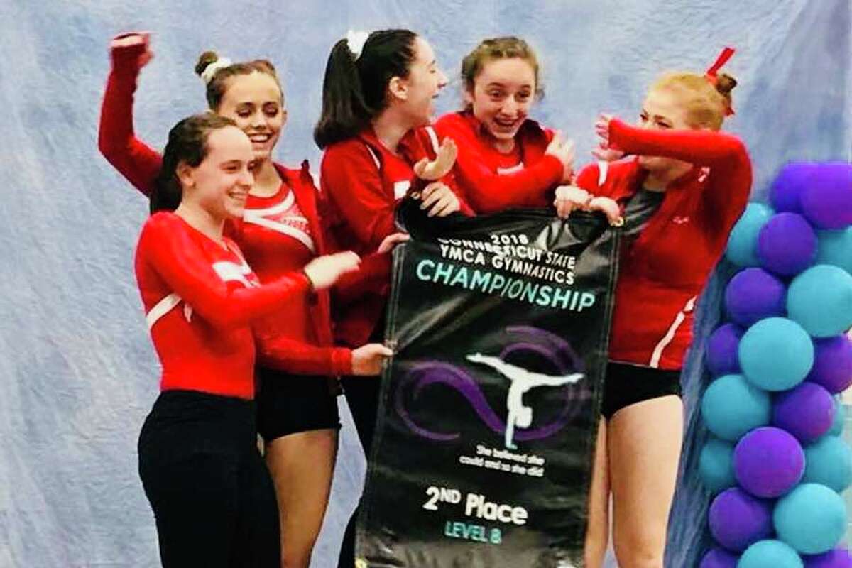 Wilton Y gymnastics team Level 8 members celebrate their second-place finish at the recent state championship meet. From the left: Isabella Jureller, Kate Ginsburg, Mia Karlehag, Olivia Mannino and Sarah Collias.