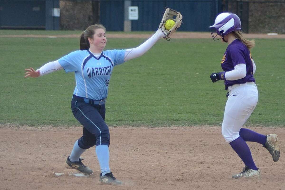 Sophia Strazza makes the catch for a force-out at second base during the Wilton High softball team's win over Westhill on Monday at home. — J.B. Cozens photo