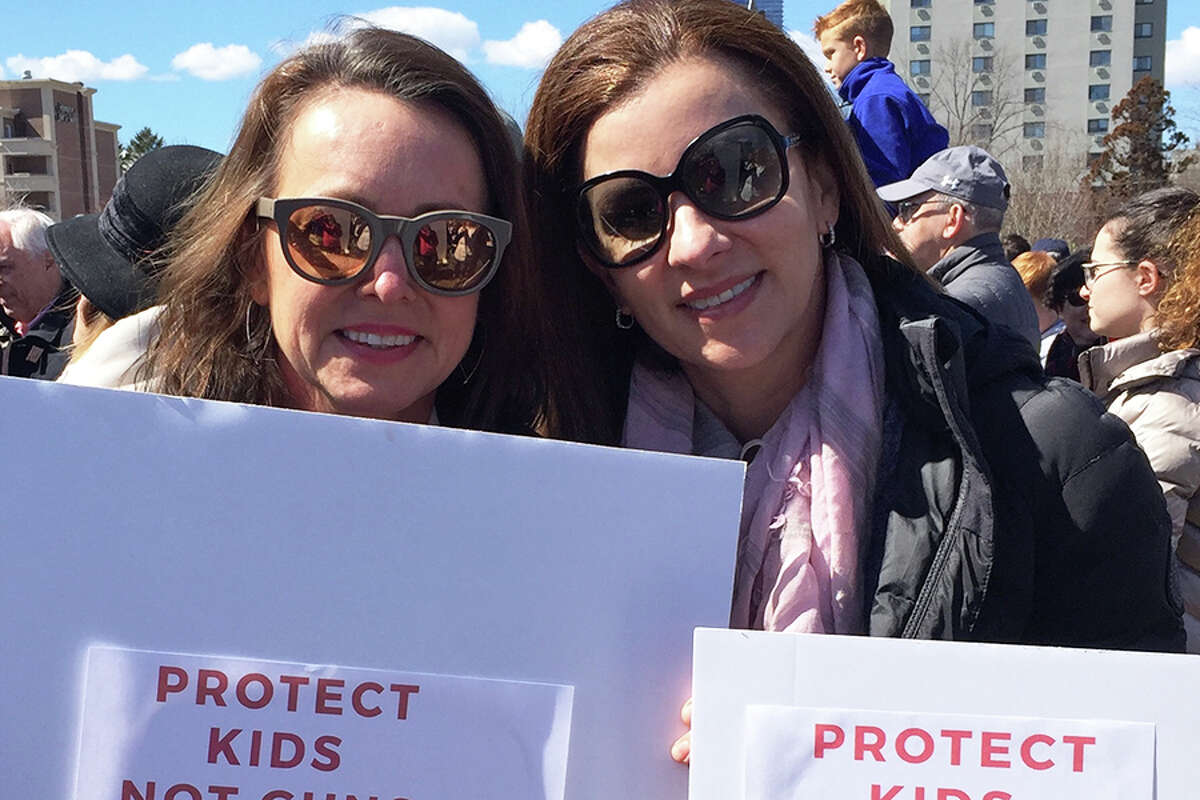 Wilton residents Heather Mroz, left, and Adriana Quintero at Stamford’s March for Our Lives on Saturday.