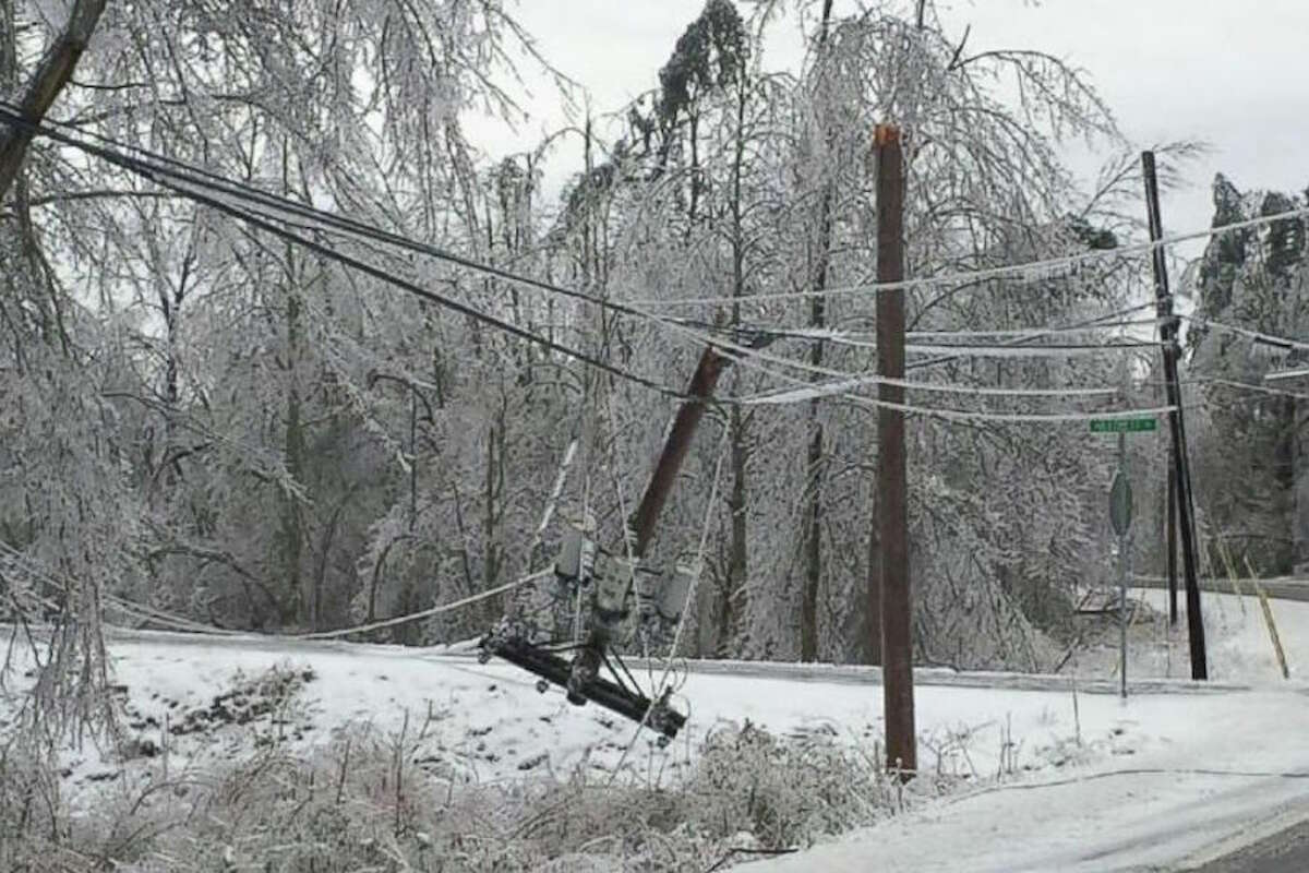 A utility pole snapped on Dudley Road. — Tina Pamnani photo