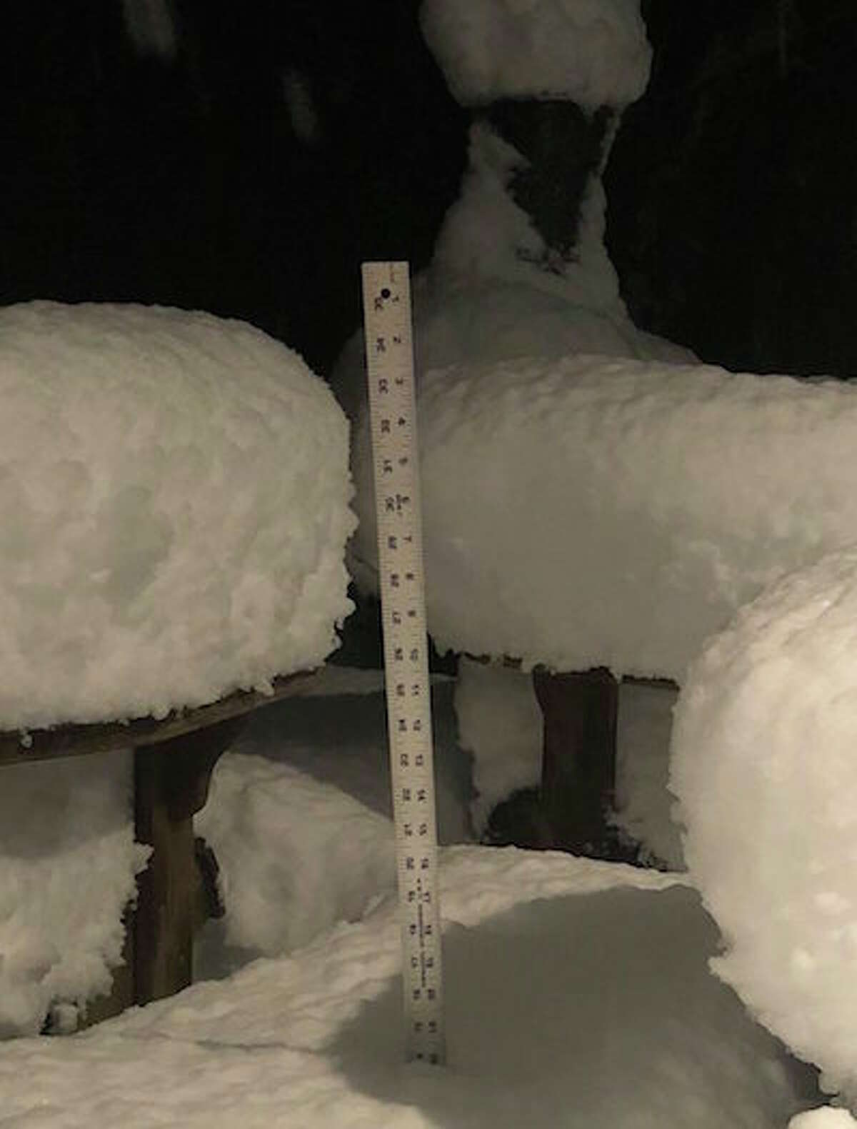 Mike O'Connell sent this photo showing snow at a depth of 14 inches in Wilton.