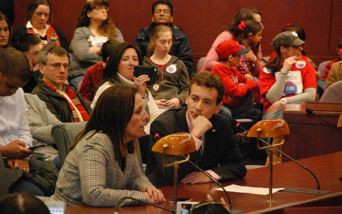 State Senator Will Haskell testifies in opposition of forced regionalization March 1 in front of the Education Committee with Bethel Public Schools superintendent Dr. Christine Carver.