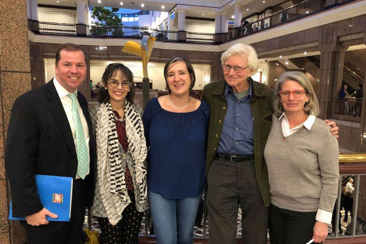 From left, Dr. Kevin Smith, Lenore Skenazy, Vanessa Elias, Dr. Peter Gray, and Colleen Fawcett testified in Hartford in support of Senate Bill 806.