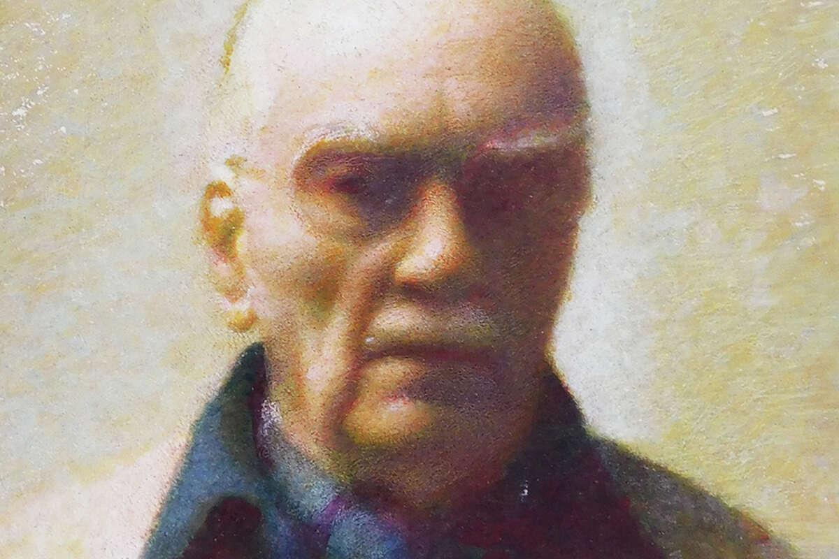 An oil on hardboard self-portrait painted by Carl Schmitt circa 1965.