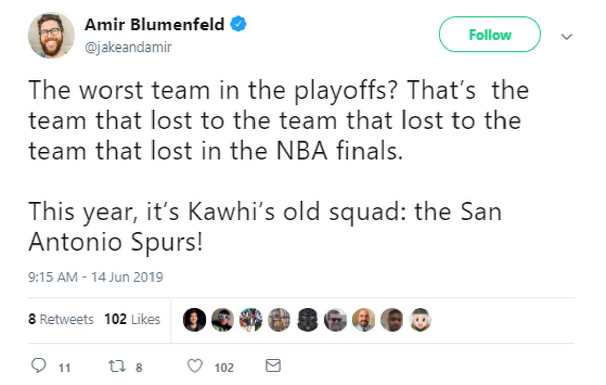 @jakeandamir: "The worst team in the playoffs? That’s  the team that lost to the team that lost to the team that lost in the NBA finals. This year, it’s Kawhi’s old squad: the San Antonio Spurs!"