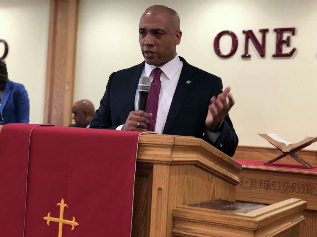 Candidates seeking to become police chief in New Haven shared their visions for policing Thursday at a community forum. Here, Kenny Howell speaks.