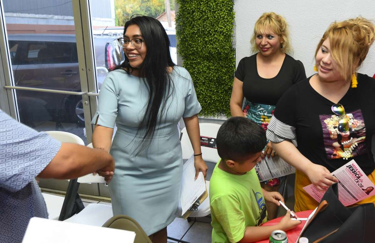 Challenger for Texas' 28th District Jessica Cisneros meets with friends and family after an event to push her campaign forward, Thursday, Jun 13, 2019, at Dream Party Creations Party Place.