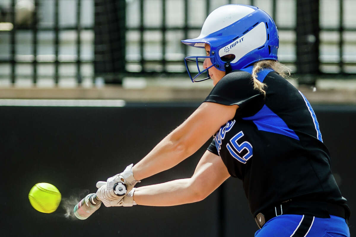 Coleman's Zoe Merillat swings on a pitch during the Comets' Division 4 state semifinals loss to Kalamazoo Christian on Friday, June 14, 2019 at Secchia Stadium in East Lansing. (Katy Kildee/kkildee@mdn.net)