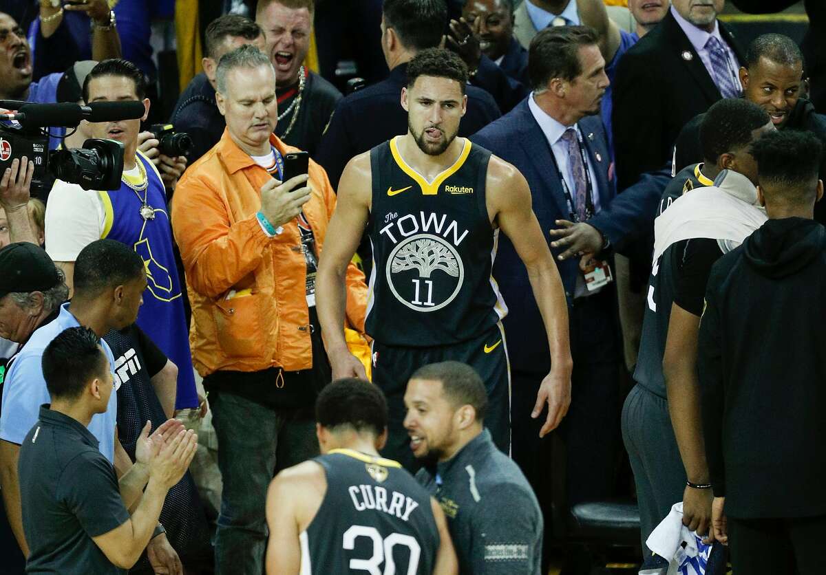 Golden State Warriors’ Klay Thompson returns to the game to shoot free throws in the third quarter during game 6 of the NBA Finals between the Golden State Warriors and the Toronto Raptors at Oracle Arena on Thursday, June 13, 2019 in Oakland, Calif.