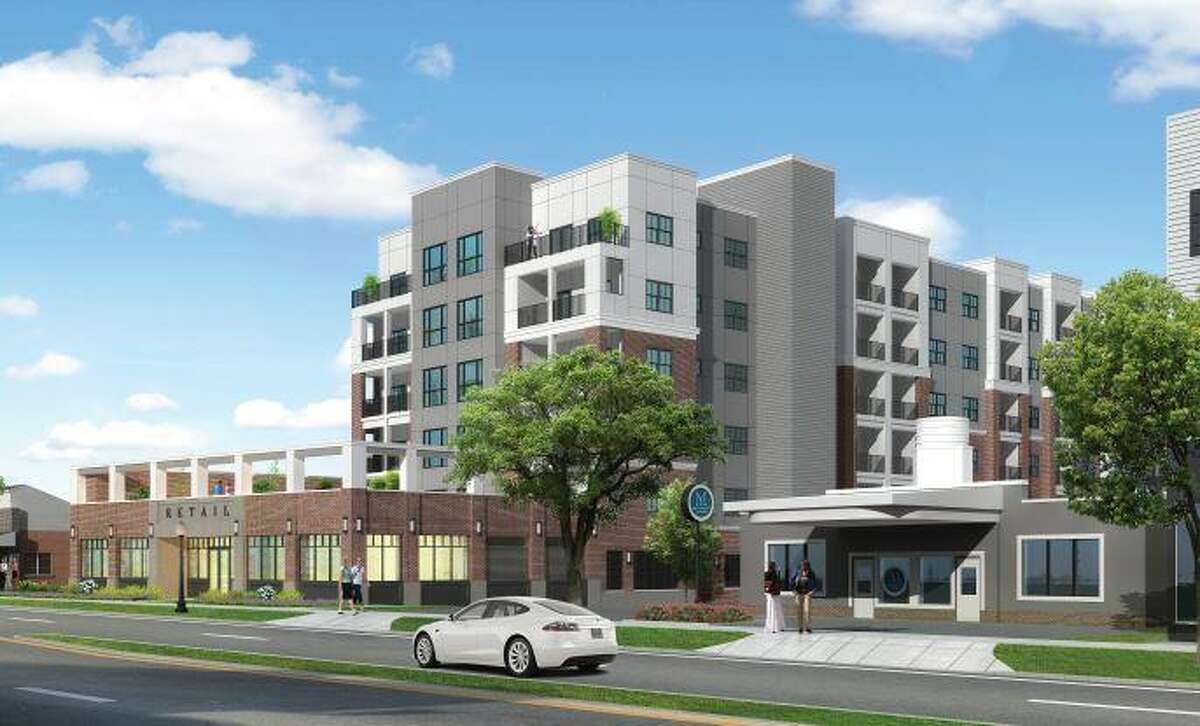 An artist’s rendering of a recently approved 149-apartment complex, Brookview Commons II, in downtown Danbury. The view is from Main Street, looking north.