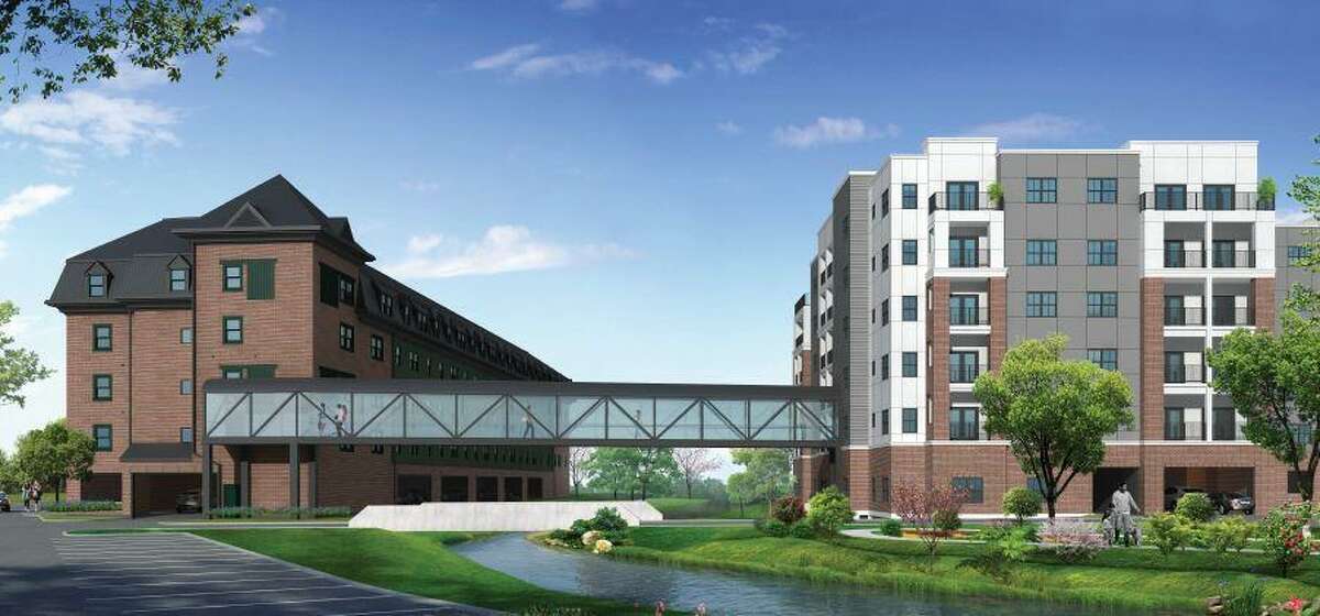 An artist’s rendering of a recently approved 149-apartment complex, Brookview Commons II, in downtown Danbury. The view is from the rear of the new building (on right) connecting to the existing Brookview Commons apartment building (left) on Crosby Street.